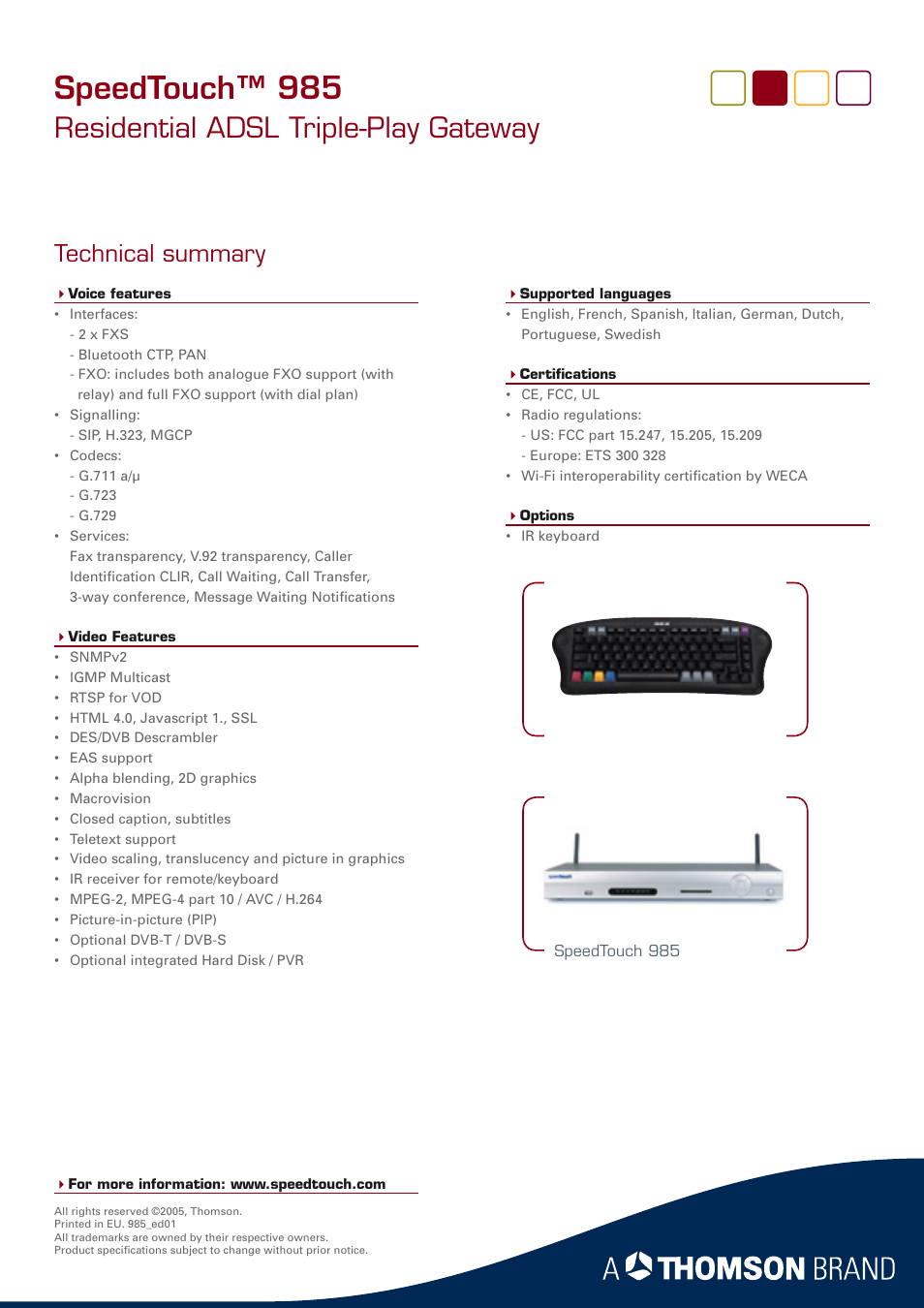 Speedtouch™ 985, Residential adsl triple-play gateway, Technical summary | RCA SpeedTouch 985 User Manual | Page 4 / 4