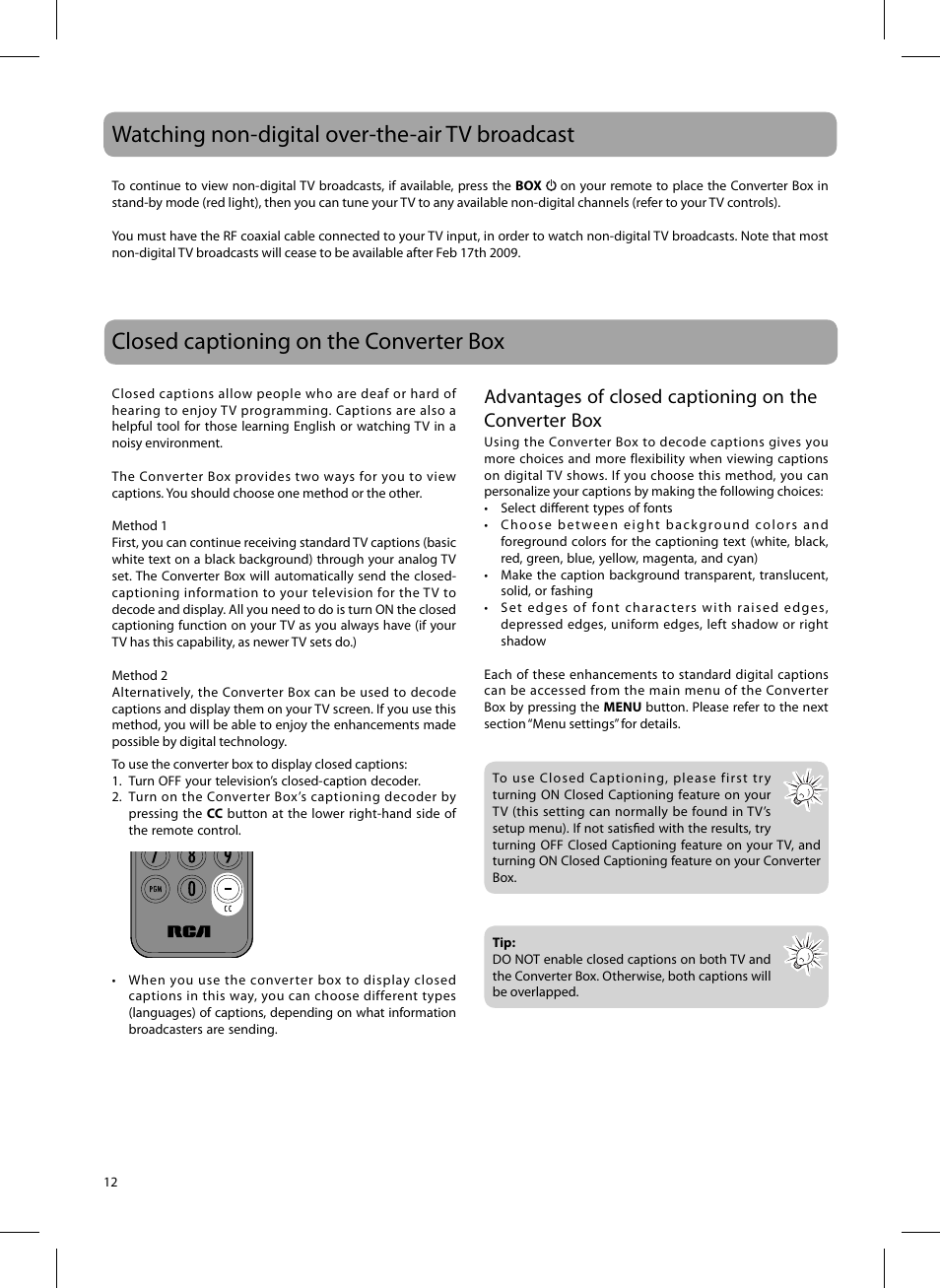 Watching non-digital over-the-air tv broadcast, Closed captioning on the converter box | RCA DTA809L User Manual | Page 12 / 32