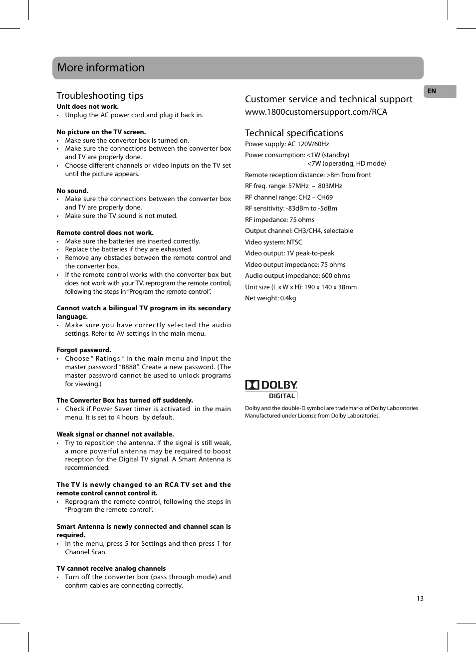 More information, Troubleshooting tips, Customer service and technical support | Technical specifi cations | RCA DTA809L User Manual | Page 13 / 32