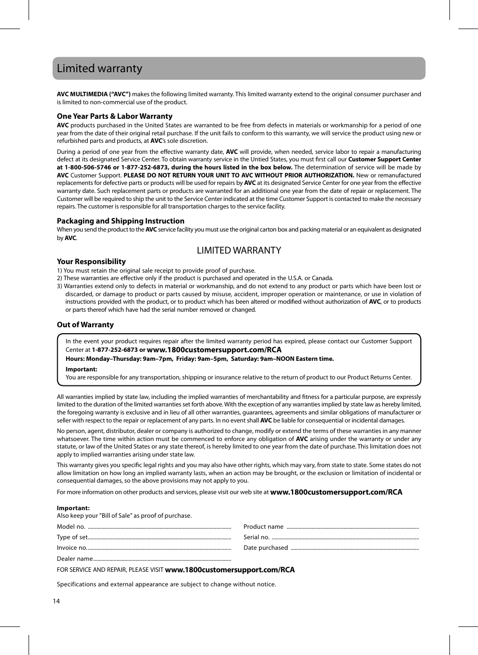 Limited warranty | RCA DTA809L User Manual | Page 14 / 32