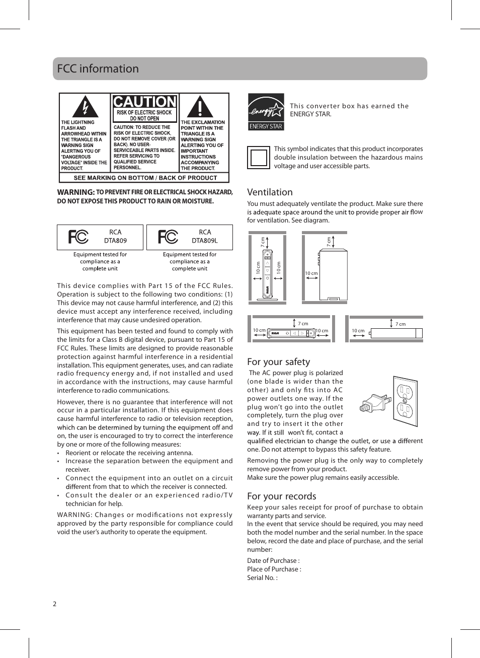 Fcc information, For your safety, For your records | Ventilation | RCA DTA809L User Manual | Page 2 / 32