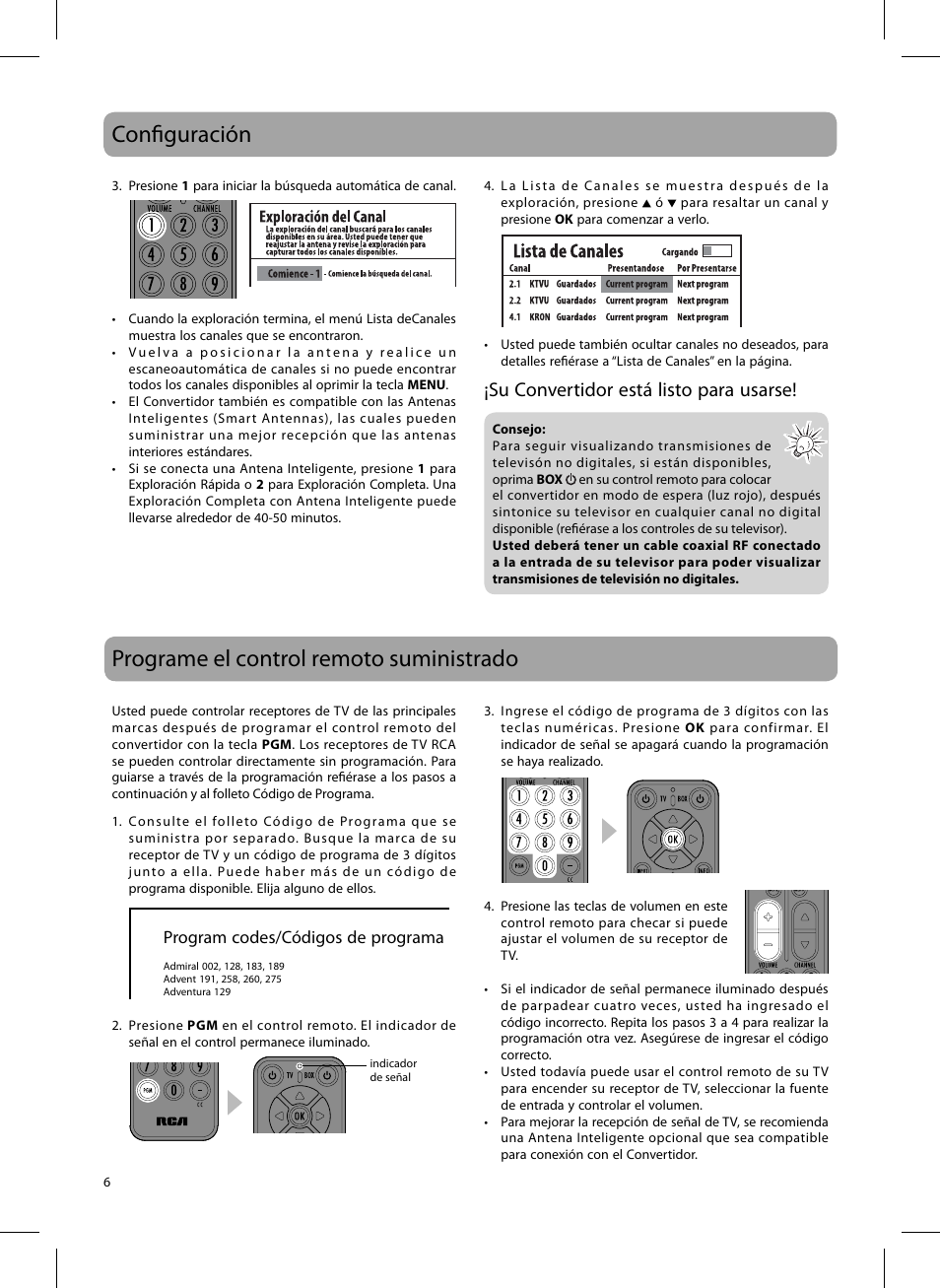 Confi guración, Programe el control remoto suministrado, Su convertidor está listo para usarse | RCA DTA809L User Manual | Page 20 / 32