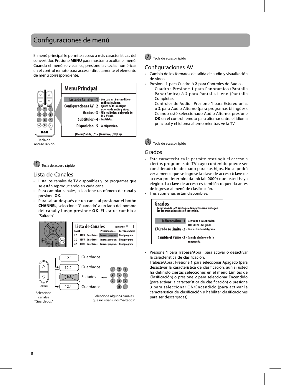 Confi guraciones de menú, Lista de canales, Confi guraciones av | Grados | RCA DTA809L User Manual | Page 22 / 32
