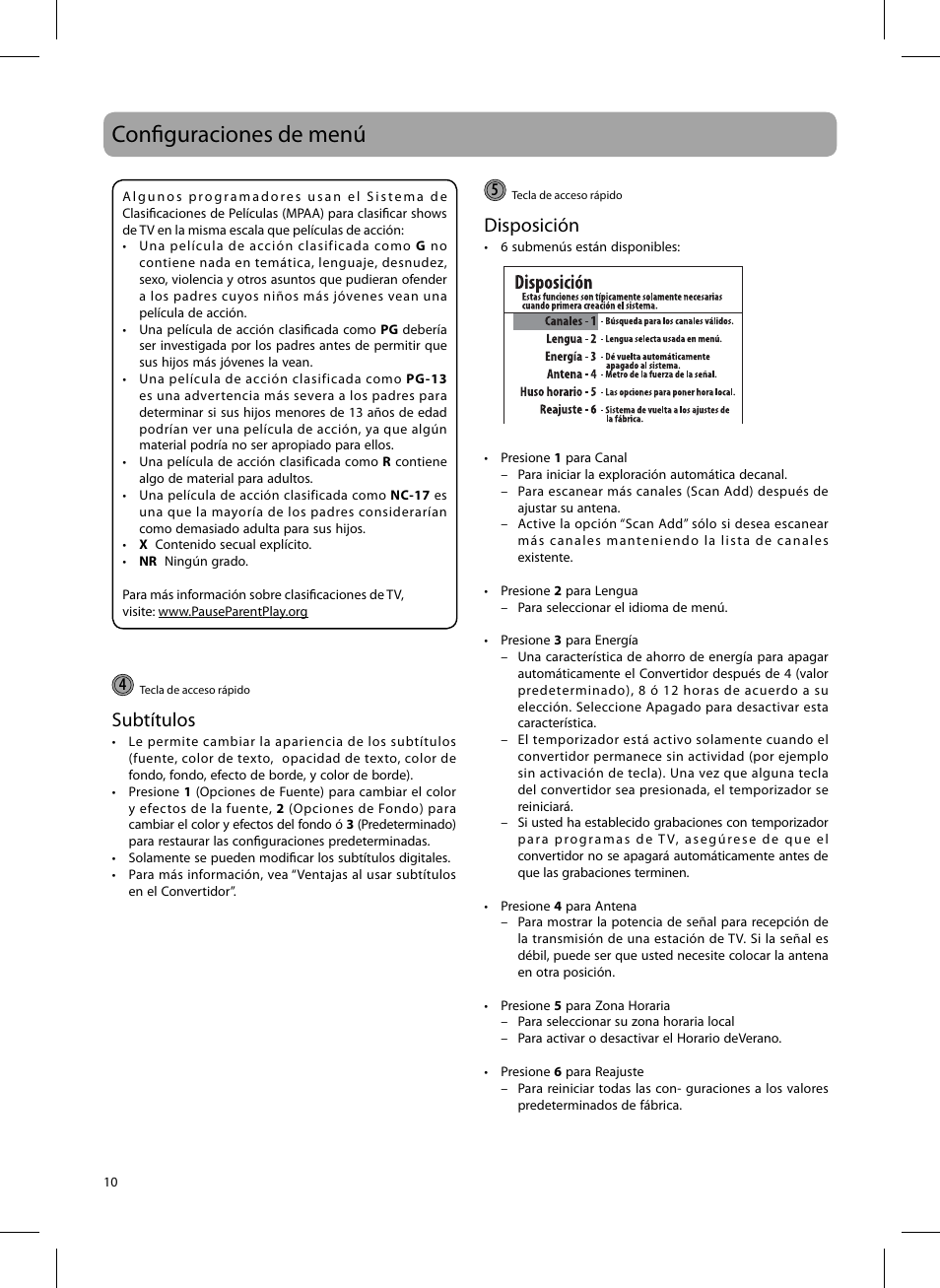 Confi guraciones de menú, Subtítulos, Disposición | RCA DTA809L User Manual | Page 24 / 32