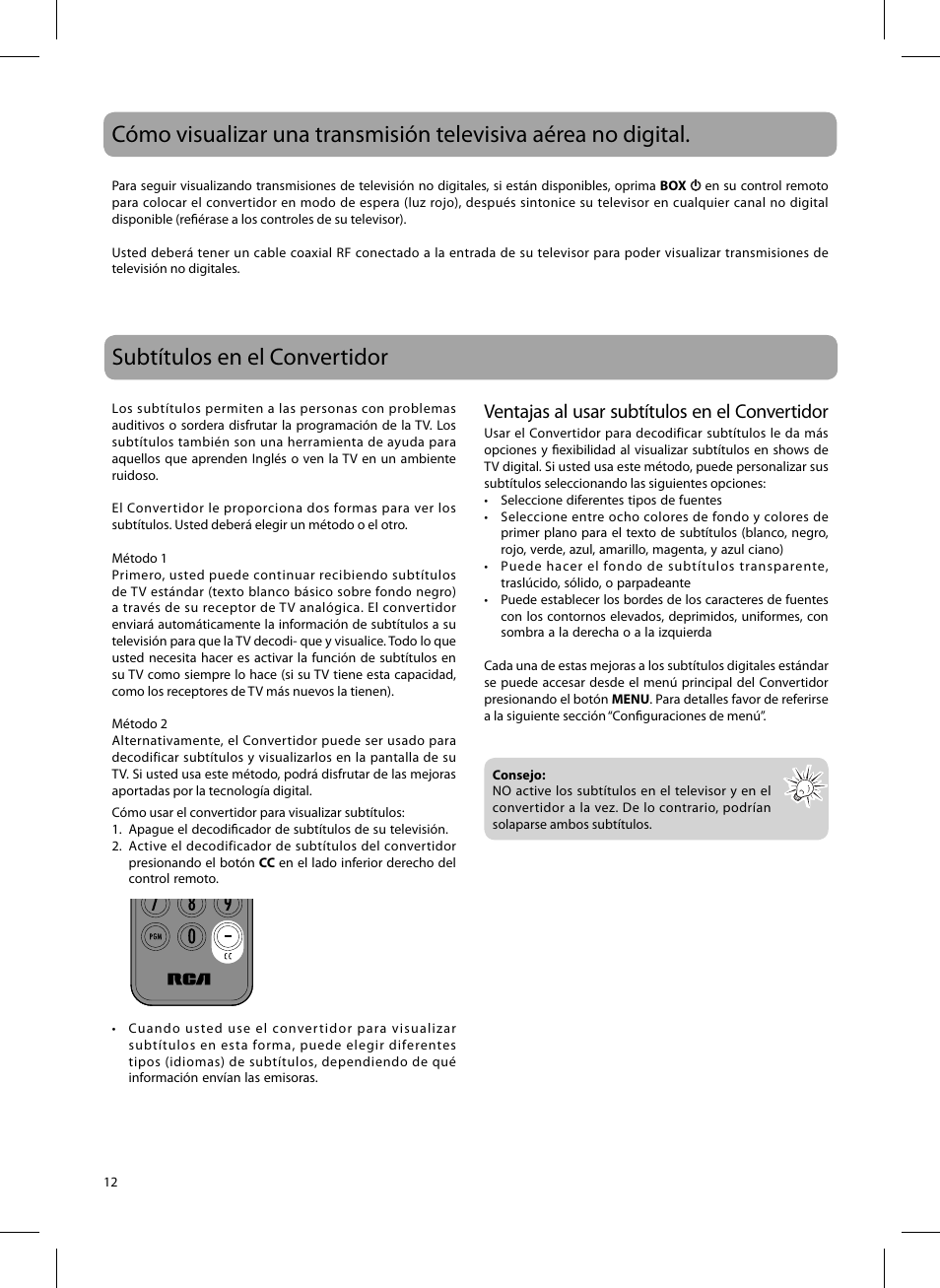 Subtítulos en el convertidor, Ventajas al usar subtítulos en el convertidor | RCA DTA809L User Manual | Page 26 / 32