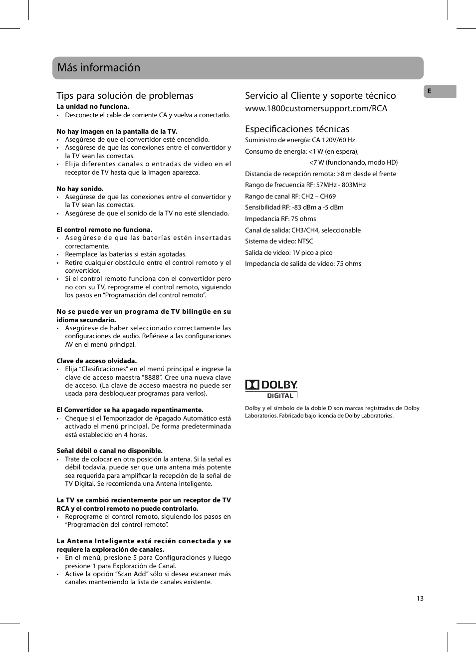 Más información, Tips para solución de problemas, Servicio al cliente y soporte técnico | Especifi caciones técnicas | RCA DTA809L User Manual | Page 27 / 32
