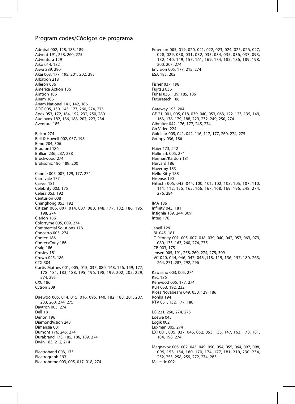 Program codes/códigos de programa | RCA DTA809L User Manual | Page 29 / 32