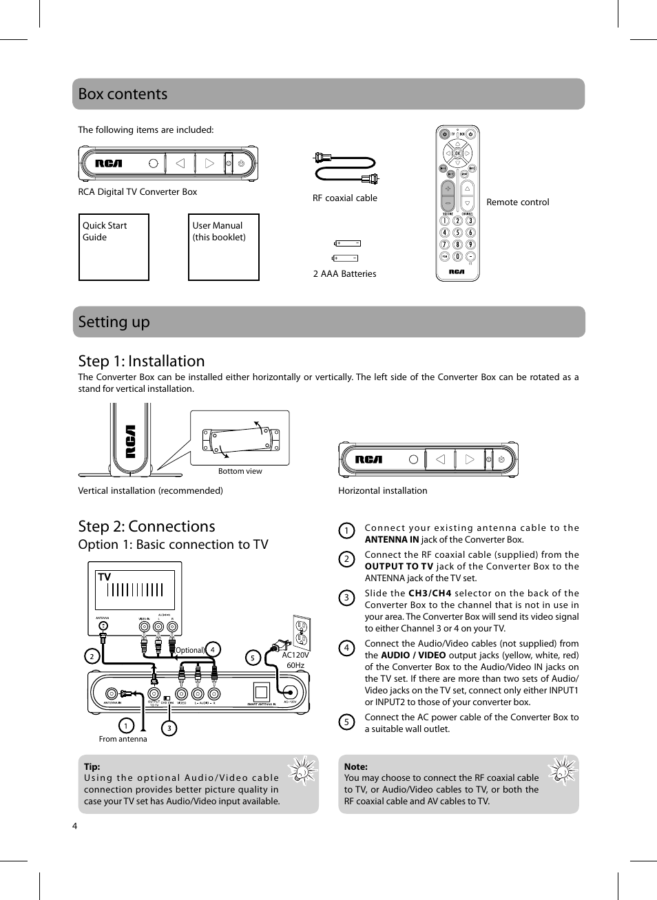 Box contents setting up, Step 1: installation, Step 2: connections | Option 1: basic connection to tv | RCA DTA809L User Manual | Page 4 / 32