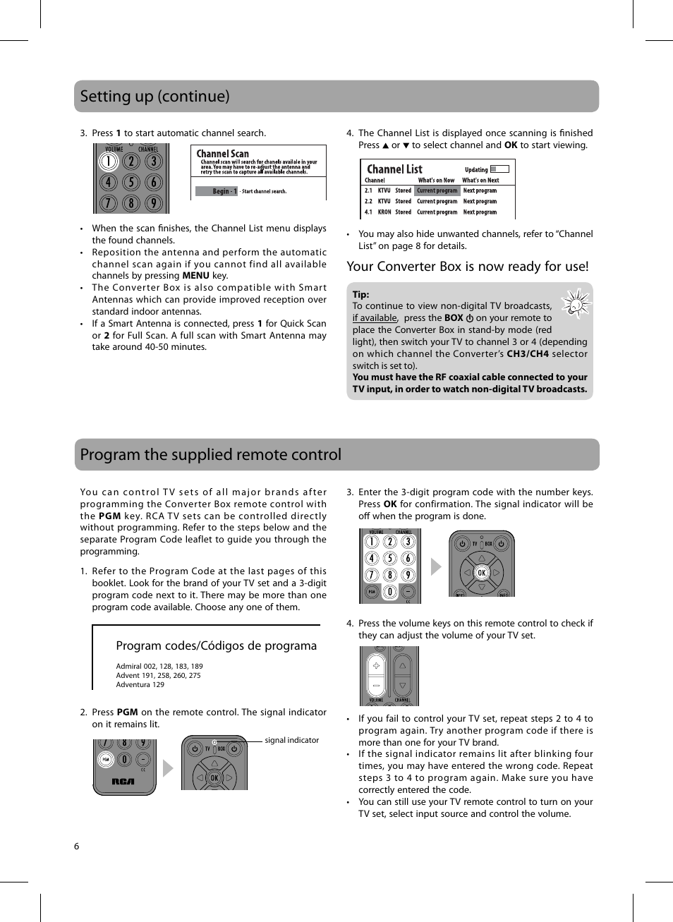 Setting up (continue), Program the supplied remote control, Your converter box is now ready for use | RCA DTA809L User Manual | Page 6 / 32