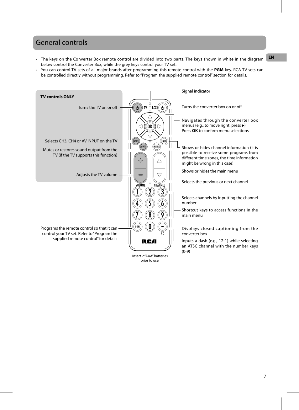 General controls | RCA DTA809L User Manual | Page 7 / 32
