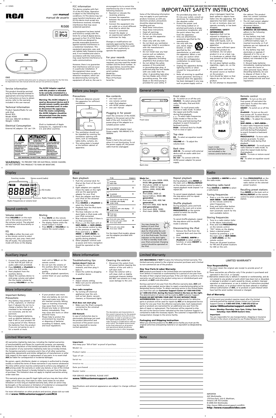 RCA RI500 User Manual | 2 pages