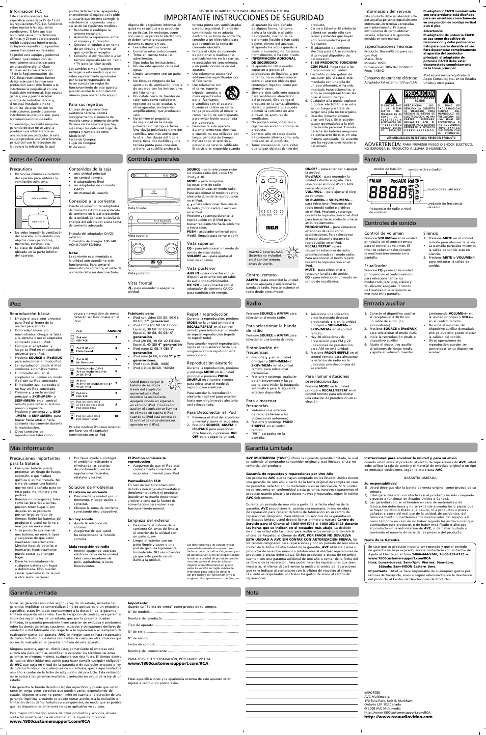 Importante instrucciones de seguridad, Rock- jazz- pop- class, Precaucion | Controles de sonido, Pantalla, Nota, Más información garantía limitada | RCA RI500 User Manual | Page 2 / 2