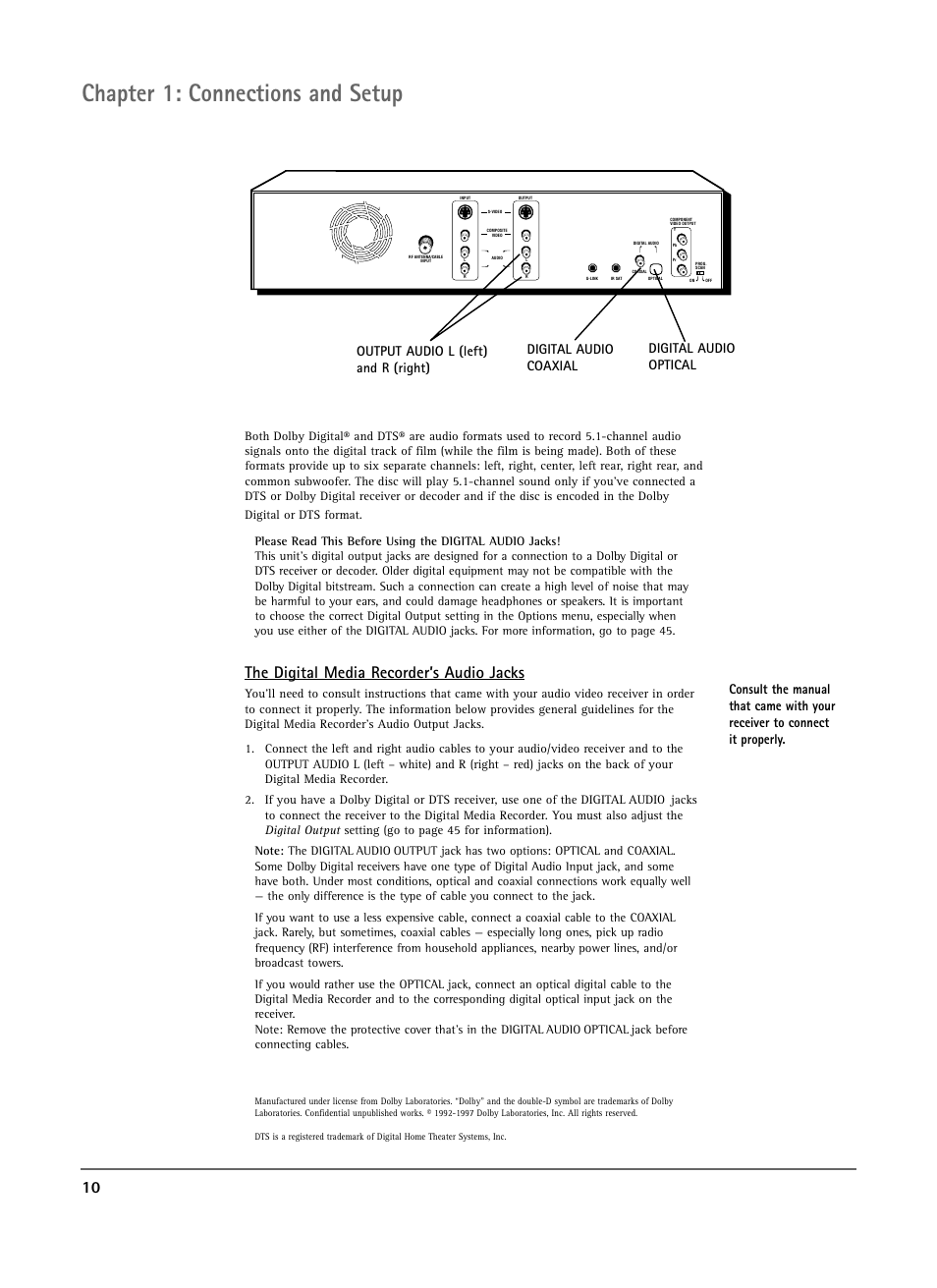 Chapter 1: connections and setup, The digital media recorder’s audio jacks | RCA DRS7000N User Manual | Page 12 / 65