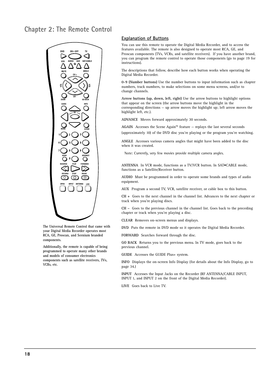 Chapter 2: the remote control, 18 explanation of buttons | RCA DRS7000N User Manual | Page 20 / 65