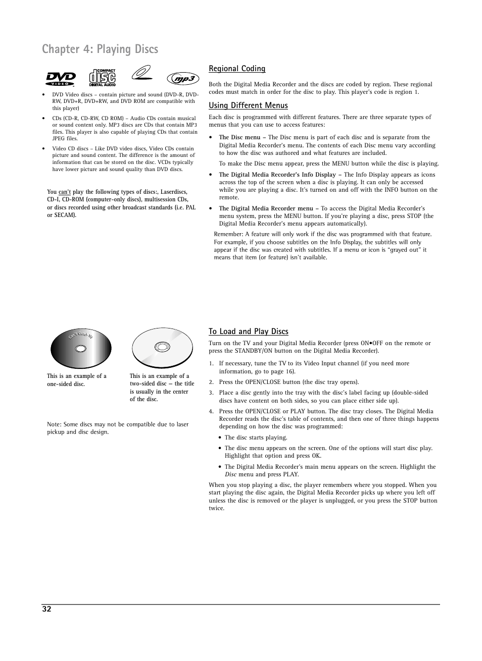 Chapter 4: playing discs, Regional coding, Using different menus | Video cd | RCA DRS7000N User Manual | Page 35 / 65