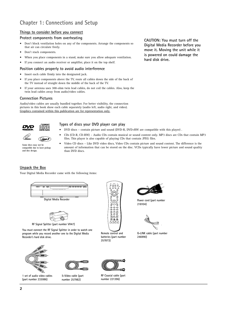 Chapter 1: connections and setup, Connection pictures, Types of discs your dvd player can play | Unpack the box | RCA DRS7000N User Manual | Page 4 / 65