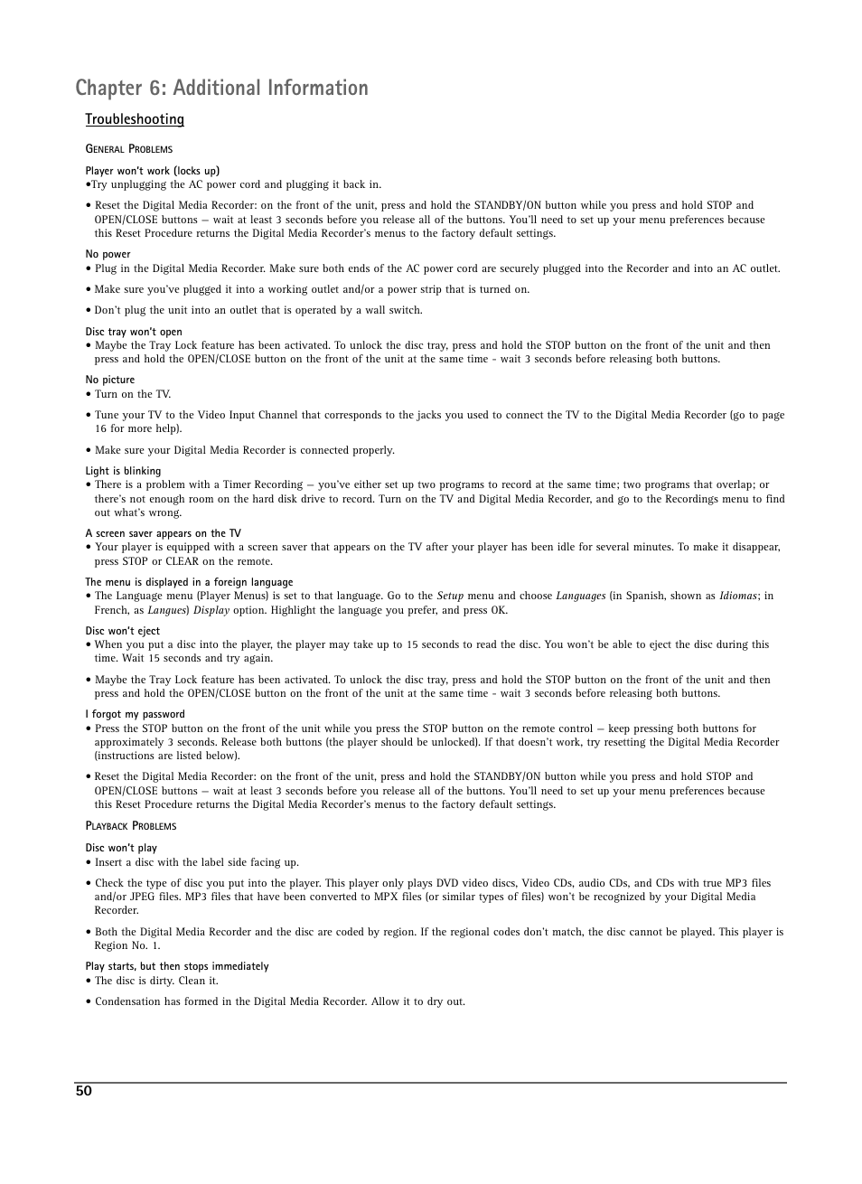 Chapter 6: additional information, Troubleshooting | RCA DRS7000N User Manual | Page 53 / 65