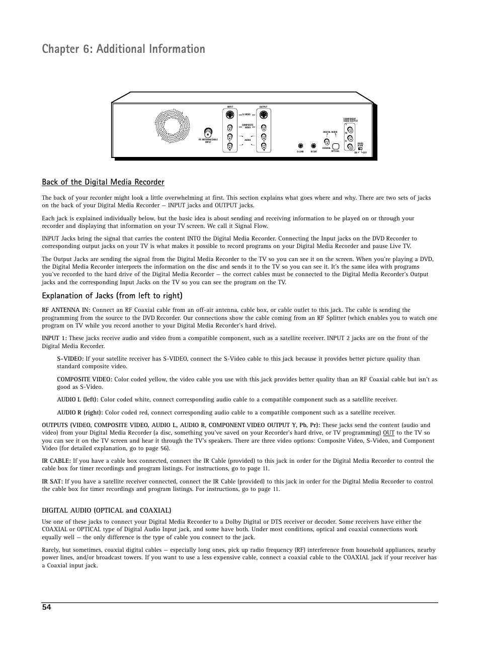 Chapter 6: additional information, Back of the digital media recorder, Explanation of jacks (from left to right) | Digital audio (optical and coaxial) | RCA DRS7000N User Manual | Page 57 / 65