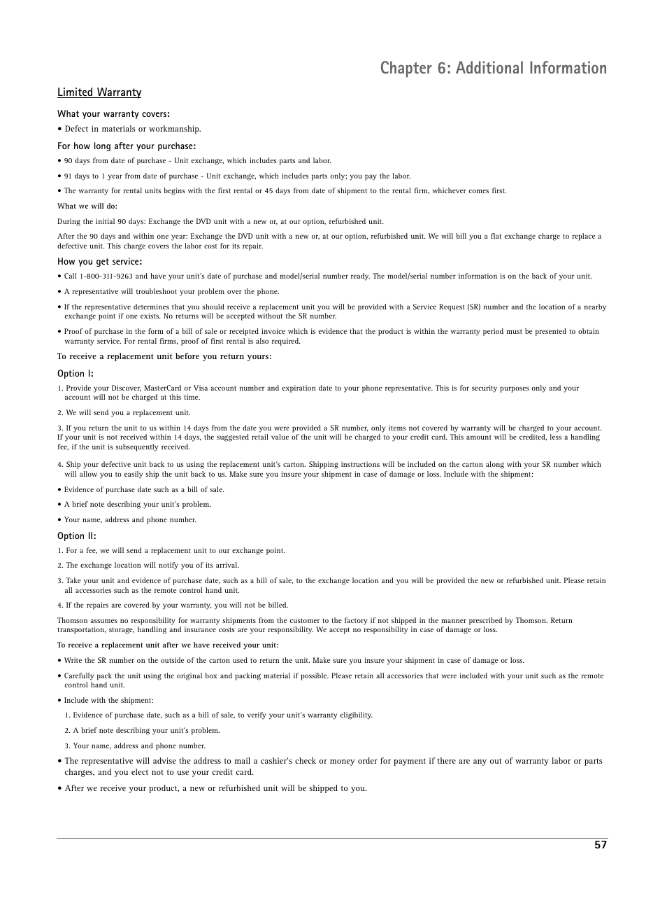 Chapter 6: additional information, Limited warranty | RCA DRS7000N User Manual | Page 60 / 65