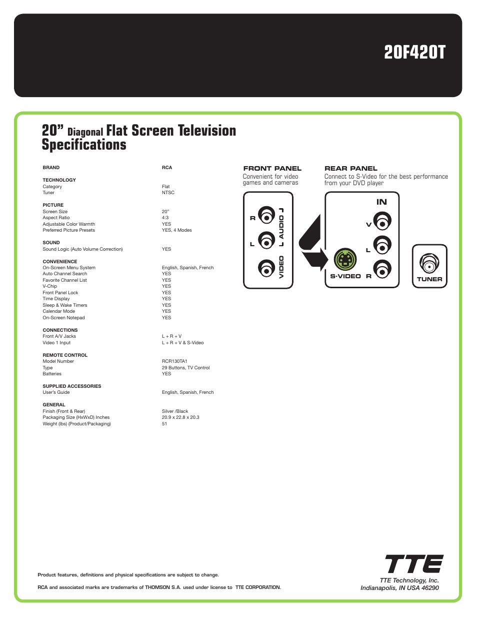 Flat screen television specifications, Diagonal | RCA 20F420T User Manual | Page 2 / 2