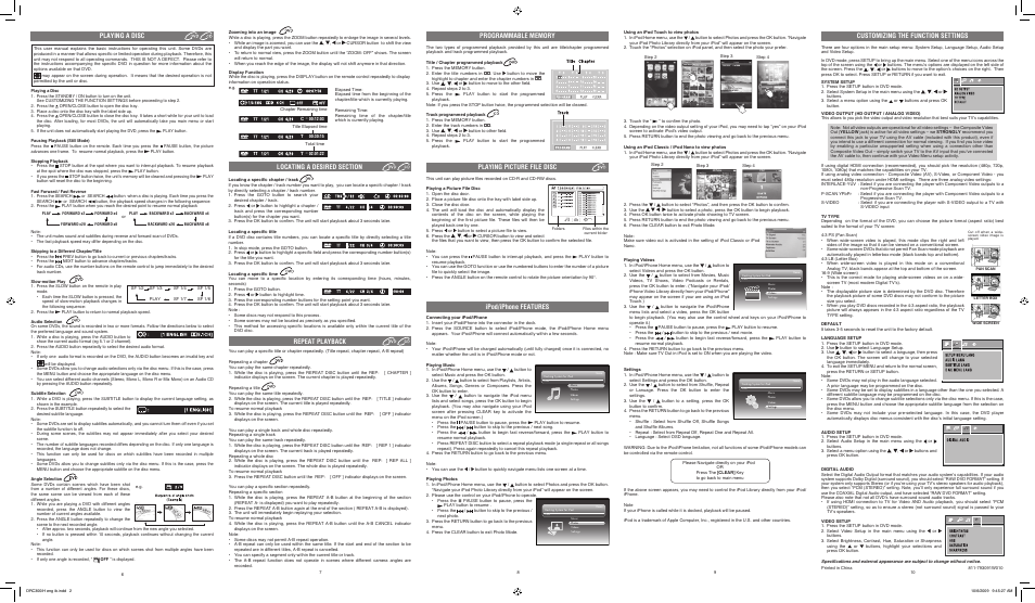 Playing a disc, Repeat playback, Customizing the function settings | Ipod/iphone features | RCA DRC300iH User Manual | Page 2 / 2