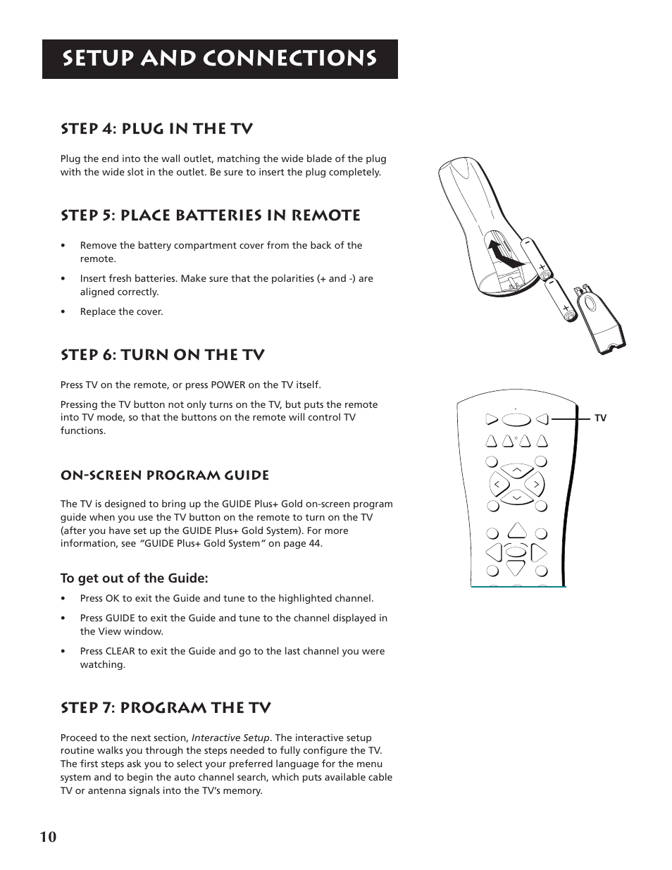 Setup and connections, Step 4: plug in the tv, Step 5: place batteries in remote | Step 6: turn on the tv, Step 7: program the tv, On-screen program guide | RCA F32691 User Manual | Page 12 / 64