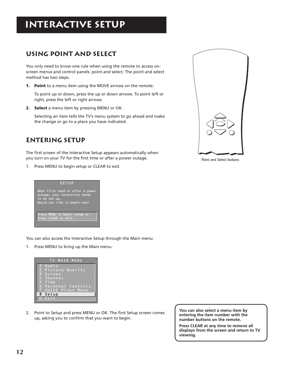 Interactive setup, Using point and select, Entering setup | RCA F32691 User Manual | Page 14 / 64