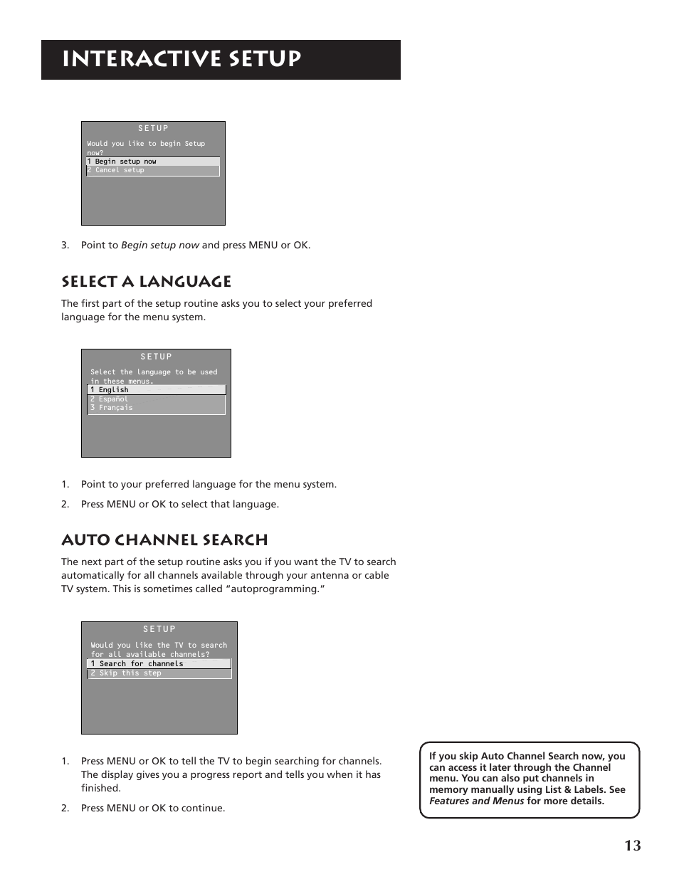 Interactive setup, Select a language, Auto channel search | RCA F32691 User Manual | Page 15 / 64