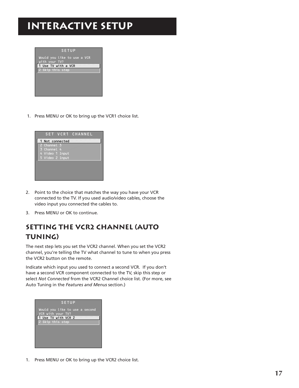 Interactive setup, Setting the vcr2 channel (auto tuning) | RCA F32691 User Manual | Page 19 / 64