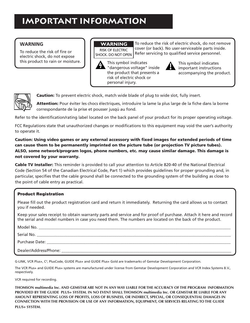 Important information | RCA F32691 User Manual | Page 2 / 64