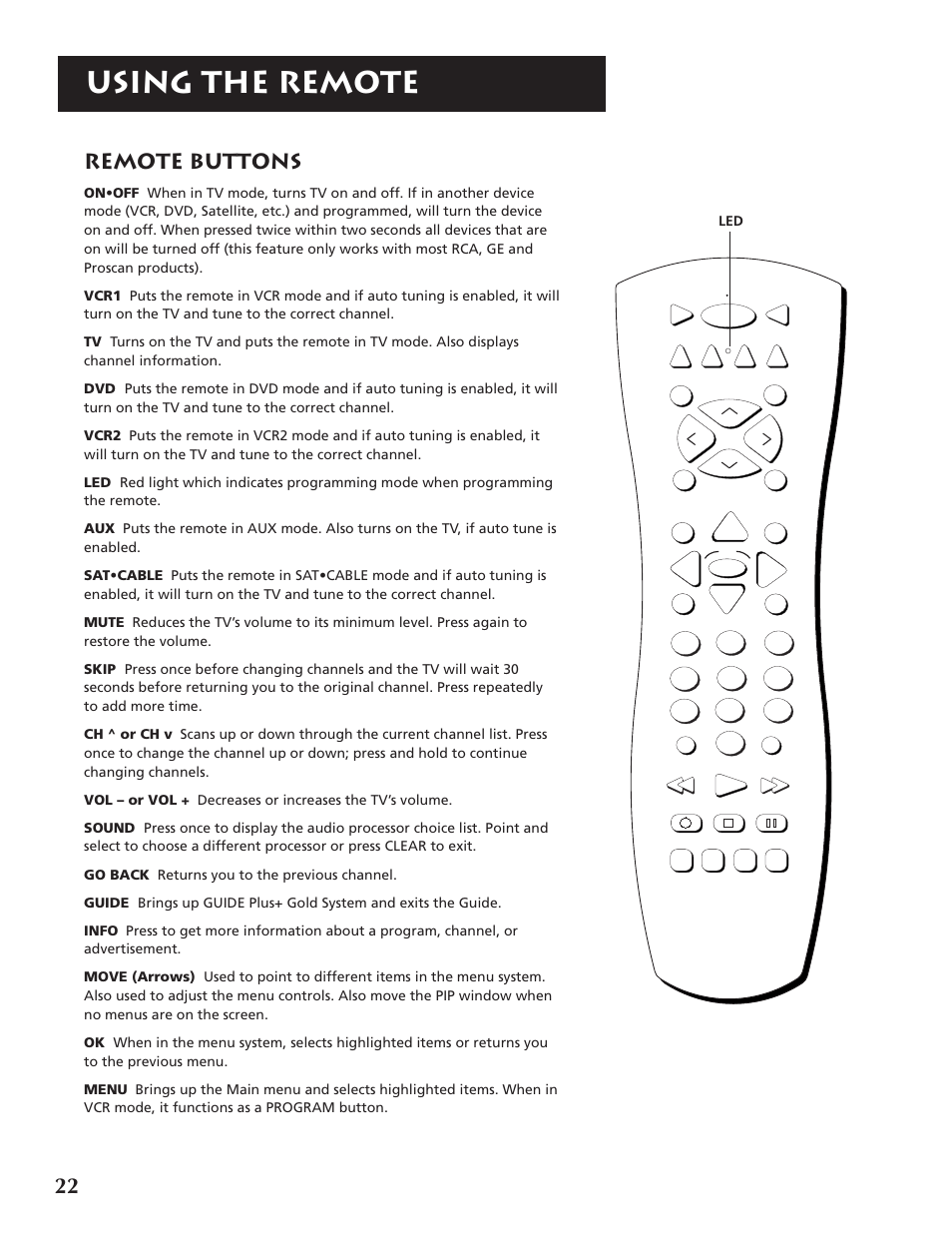 Using the remote, Remote buttons | RCA F32691 User Manual | Page 24 / 64