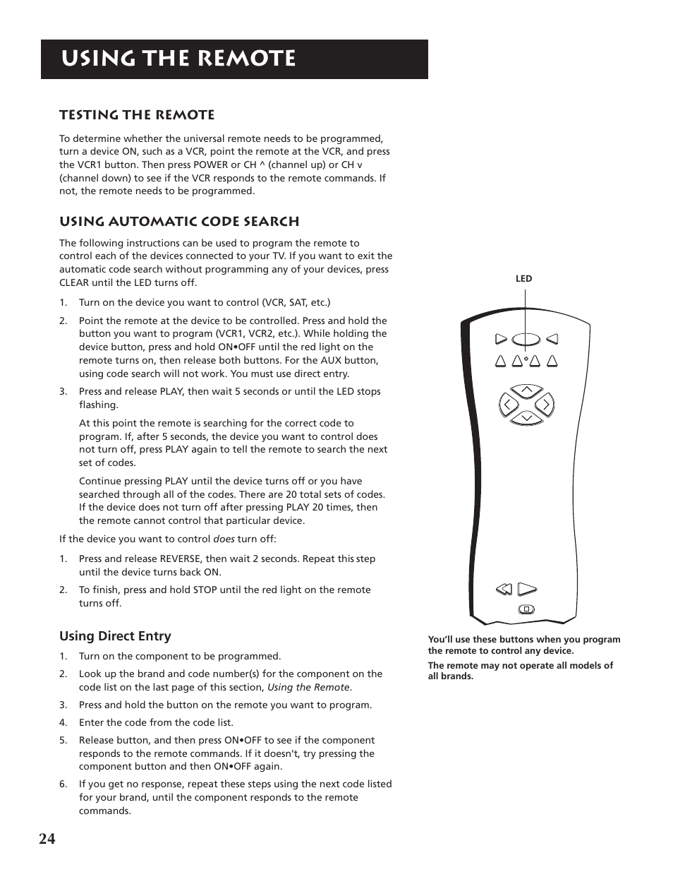 Using the remote, Testing the remote, Using automatic code search | Using direct entry | RCA F32691 User Manual | Page 26 / 64