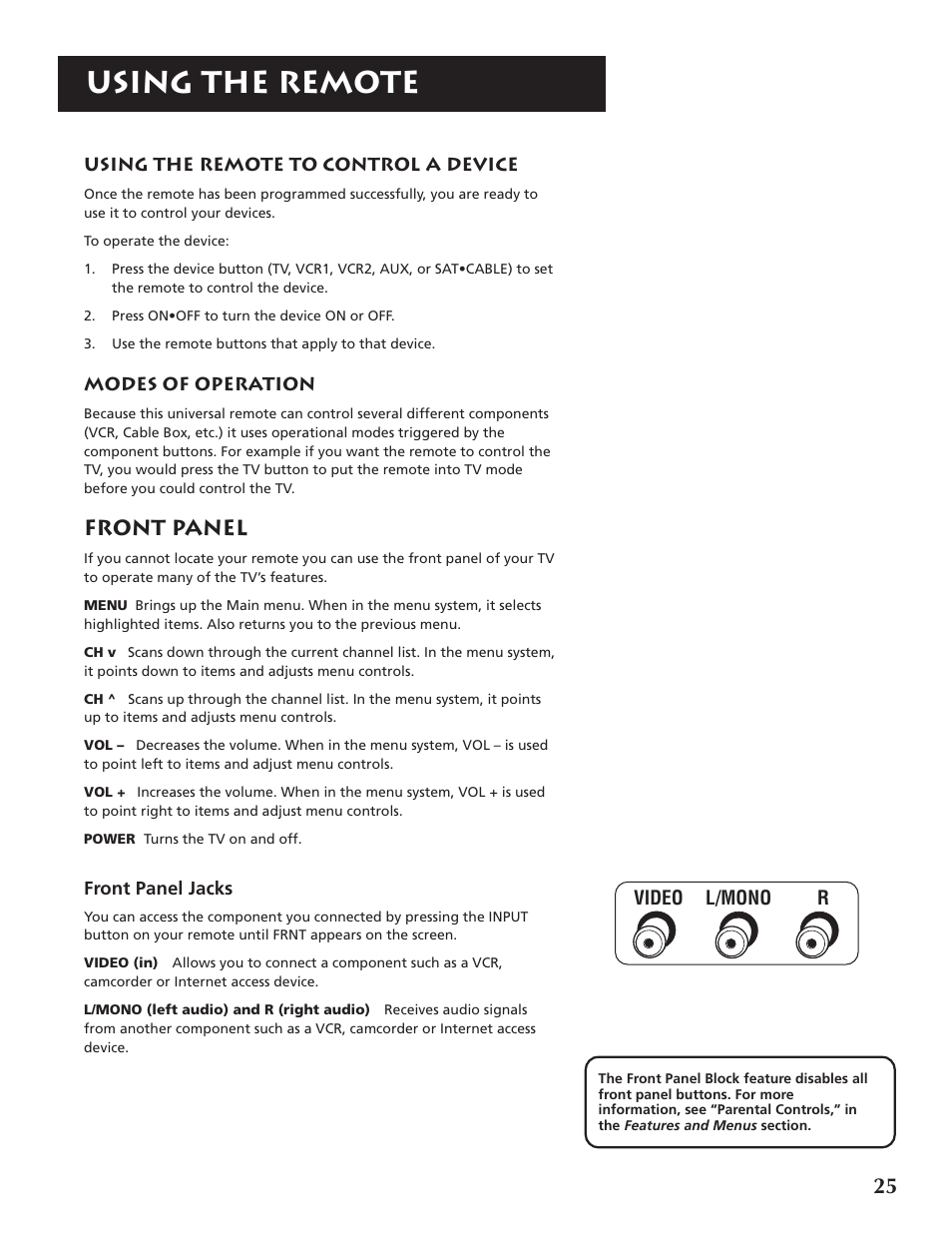 Using the remote, Front panel | RCA F32691 User Manual | Page 27 / 64