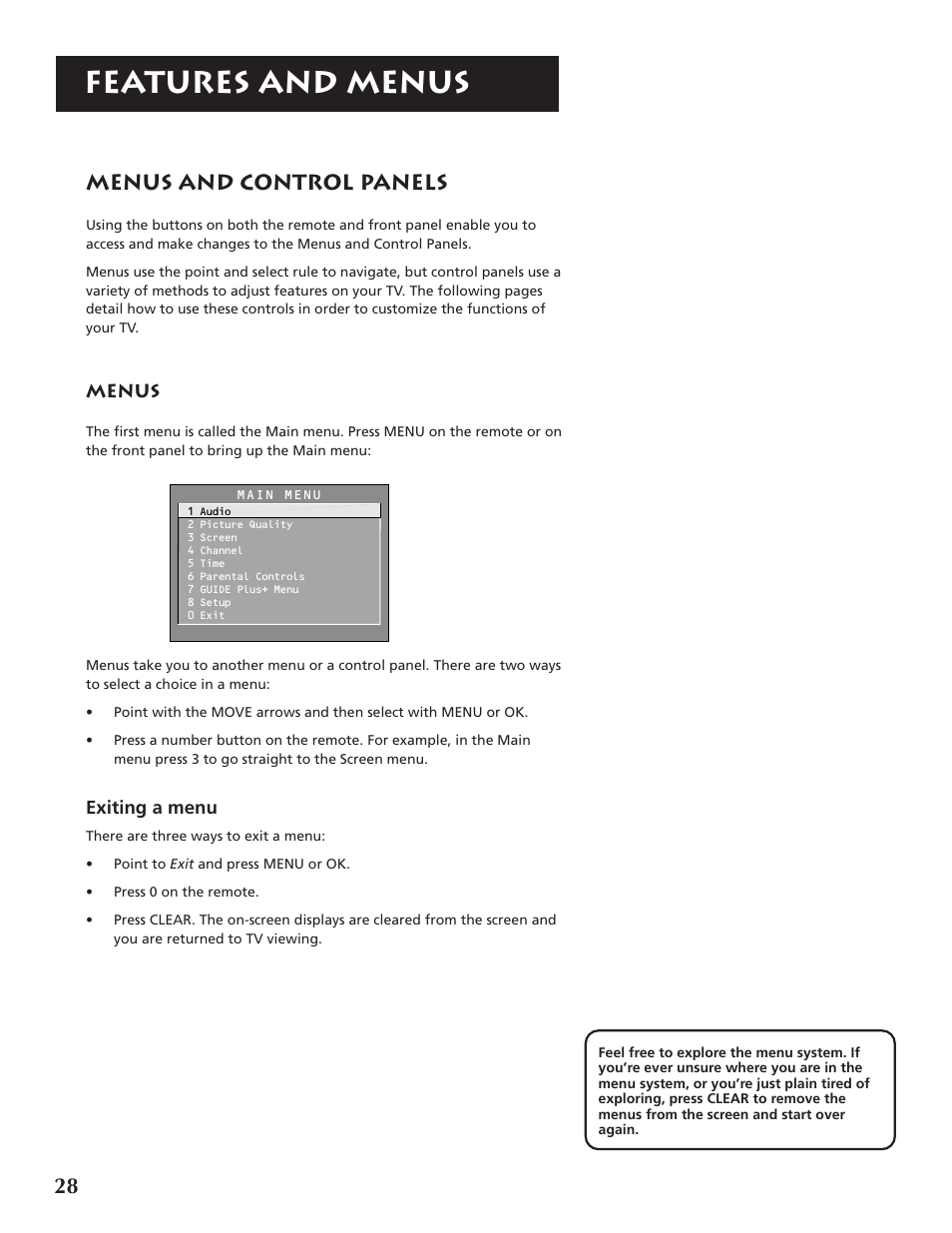 Features and menus, Menus and control panels | RCA F32691 User Manual | Page 30 / 64