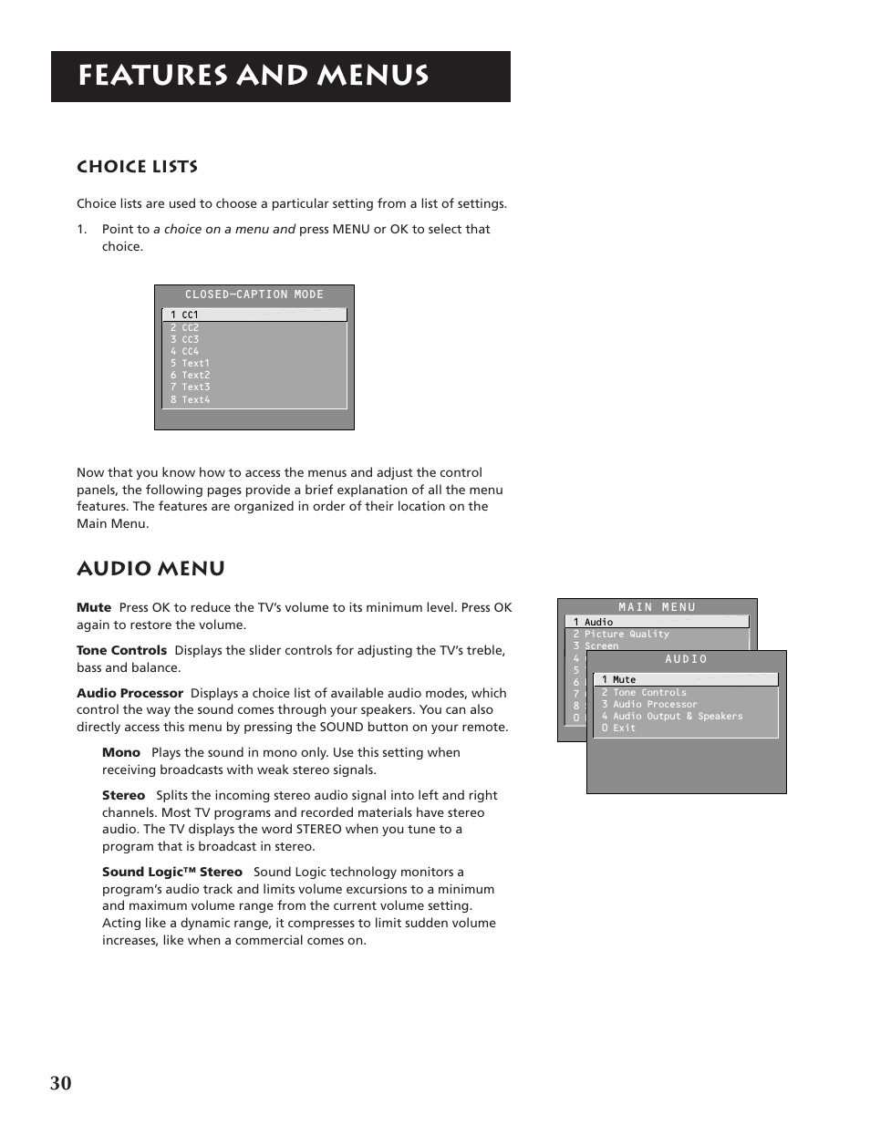 Features and menus, Audio menu | RCA F32691 User Manual | Page 32 / 64