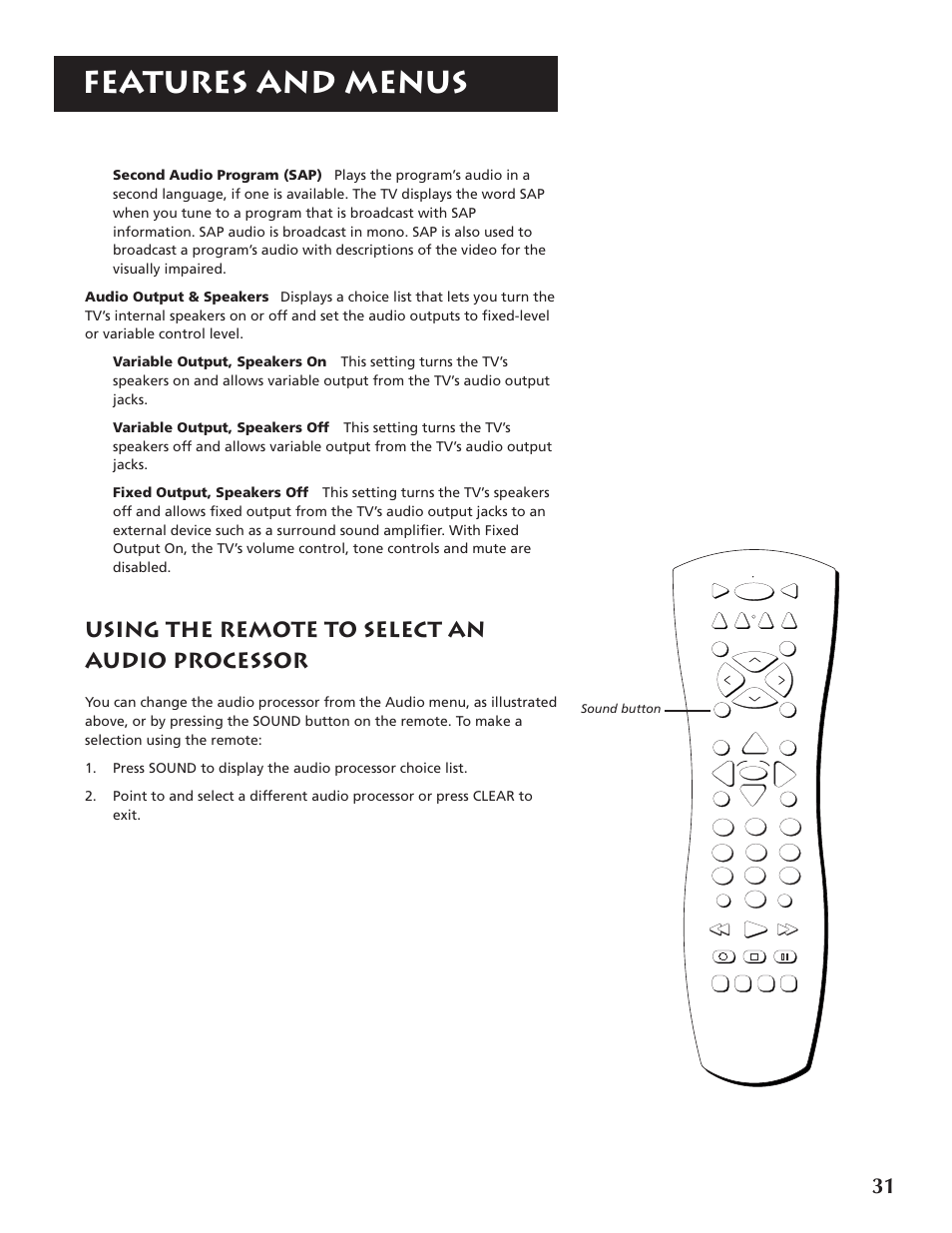 Features and menus, Using the remote to select an audio processor | RCA F32691 User Manual | Page 33 / 64