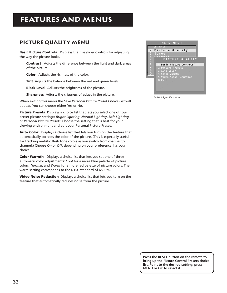 Features and menus, Picture quality menu | RCA F32691 User Manual | Page 34 / 64