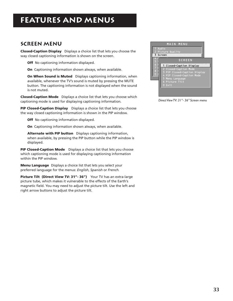 Features and menus, Screen menu | RCA F32691 User Manual | Page 35 / 64