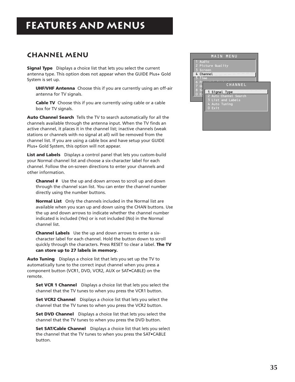 Features and menus, Channel menu | RCA F32691 User Manual | Page 37 / 64