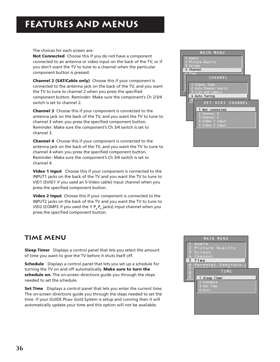 Features and menus, Time menu | RCA F32691 User Manual | Page 38 / 64