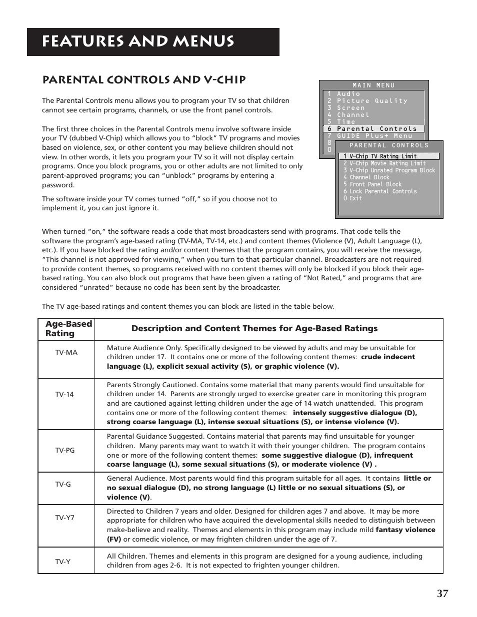 Features and menus, Parental controls and v-chip | RCA F32691 User Manual | Page 39 / 64