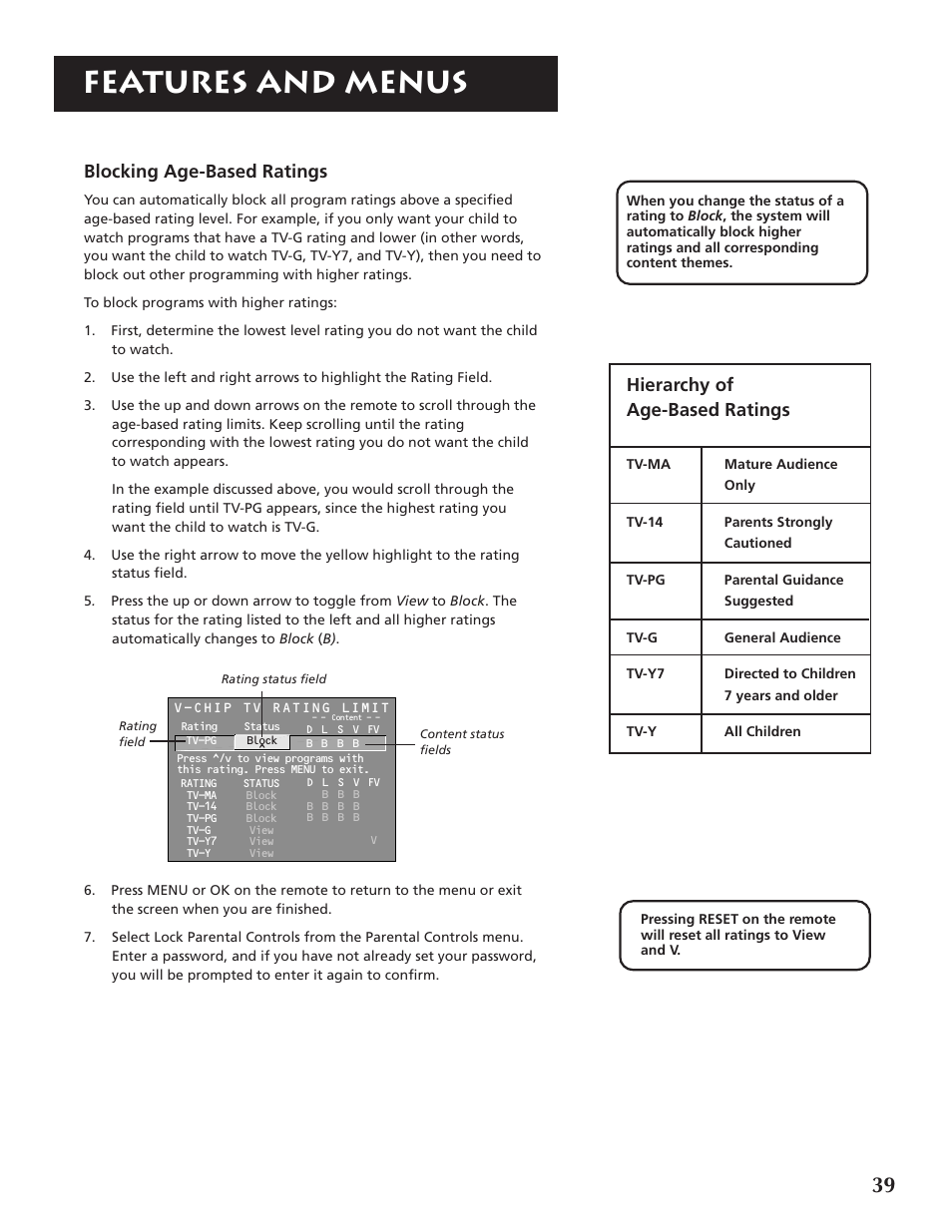 Features and menus, Blocking age-based ratings, Hierarchy of age-based ratings | RCA F32691 User Manual | Page 41 / 64