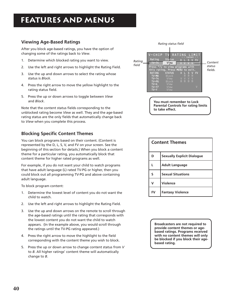 Features and menus, Viewing age-based ratings, Blocking specific content themes | Content themes | RCA F32691 User Manual | Page 42 / 64