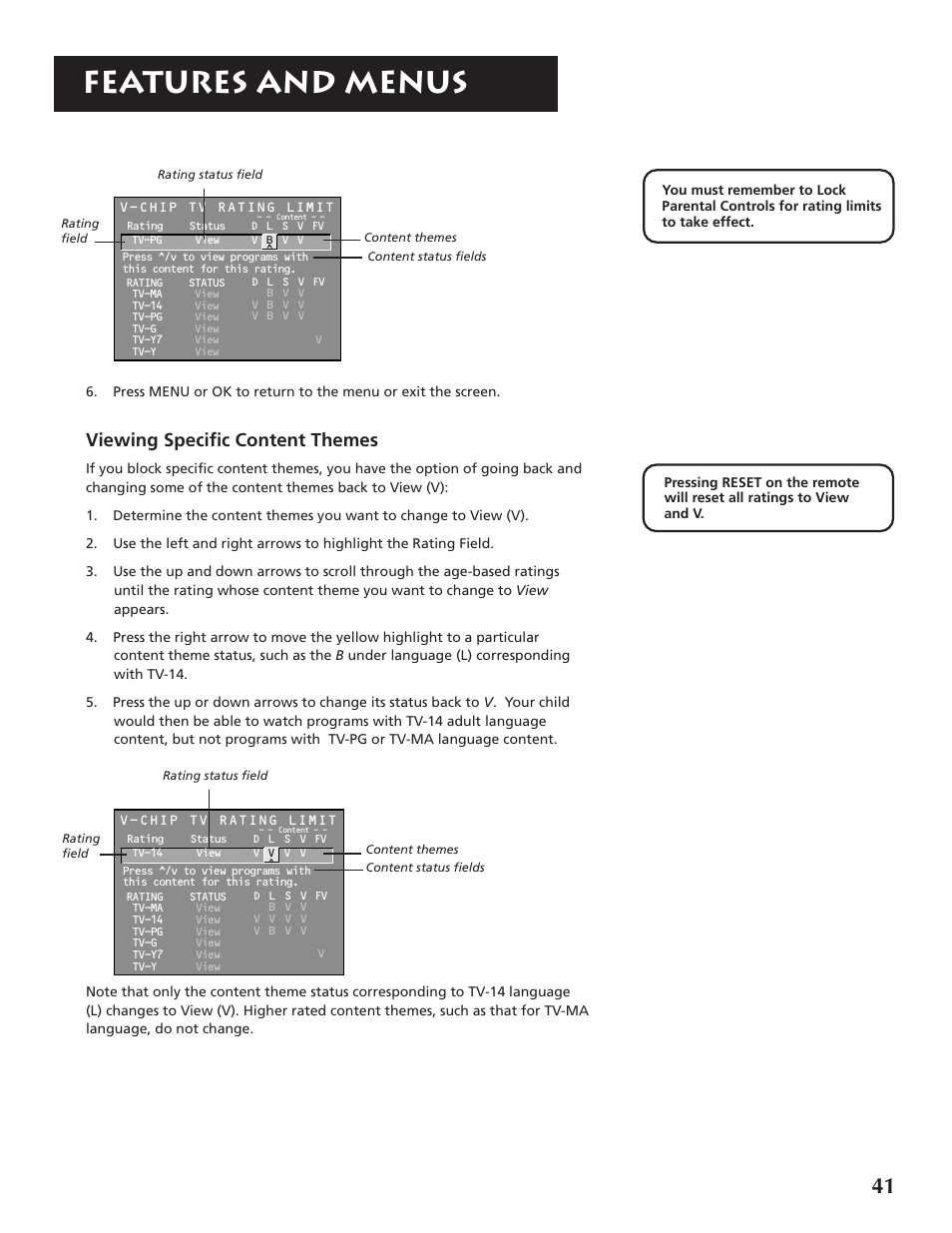 Features and menus, Viewing specific content themes | RCA F32691 User Manual | Page 43 / 64