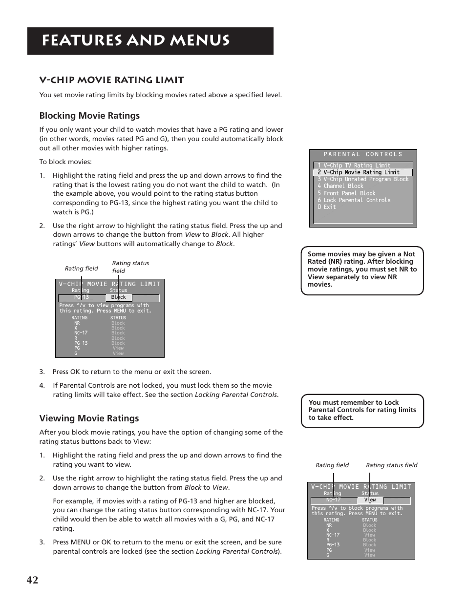 Features and menus, V-chip movie rating limit, Blocking movie ratings | Viewing movie ratings | RCA F32691 User Manual | Page 44 / 64