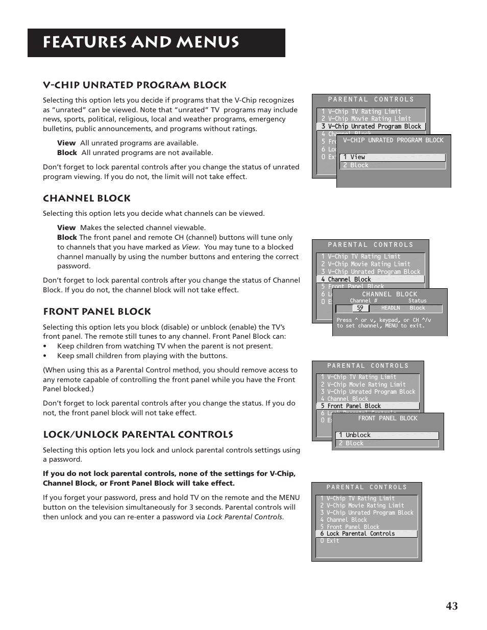 Features and menus, V-chip unrated program block, Channel block | Front panel block, Lock/unlock parental controls | RCA F32691 User Manual | Page 45 / 64