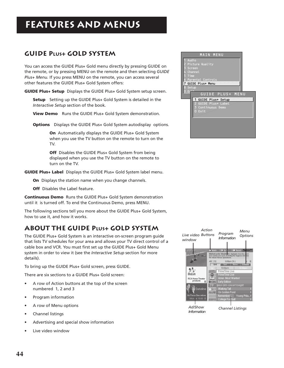 Features and menus, Guide p, Gold system | About the guide p | RCA F32691 User Manual | Page 46 / 64