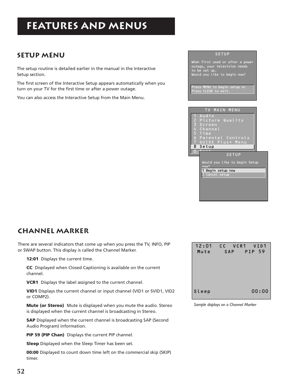 Features and menus, Channel marker, Setup menu | RCA F32691 User Manual | Page 54 / 64