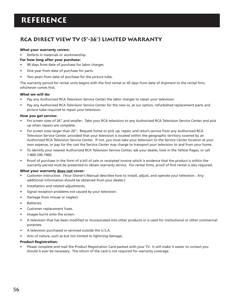 Reference, Rca direct view tv (5”-36”) limited warranty | RCA F32691 User Manual | Page 58 / 64