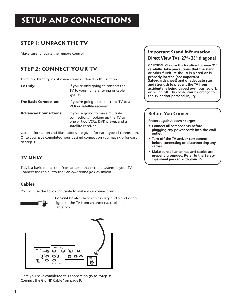 Setup and connections, Step 1: unpack the tv, Step 2: connect your tv | Tv only, Cables, Before you connect | RCA F32691 User Manual | Page 6 / 64